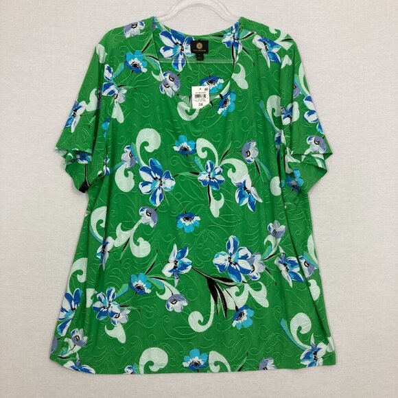 New JM Collection Green Blue Floral Textured Stretch Short Sleeve Top 3X - Picture 1 of 10
